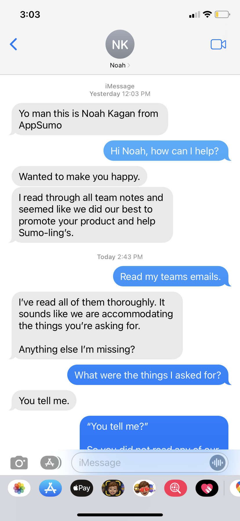 SMS to CEO Noah Kagan -1 