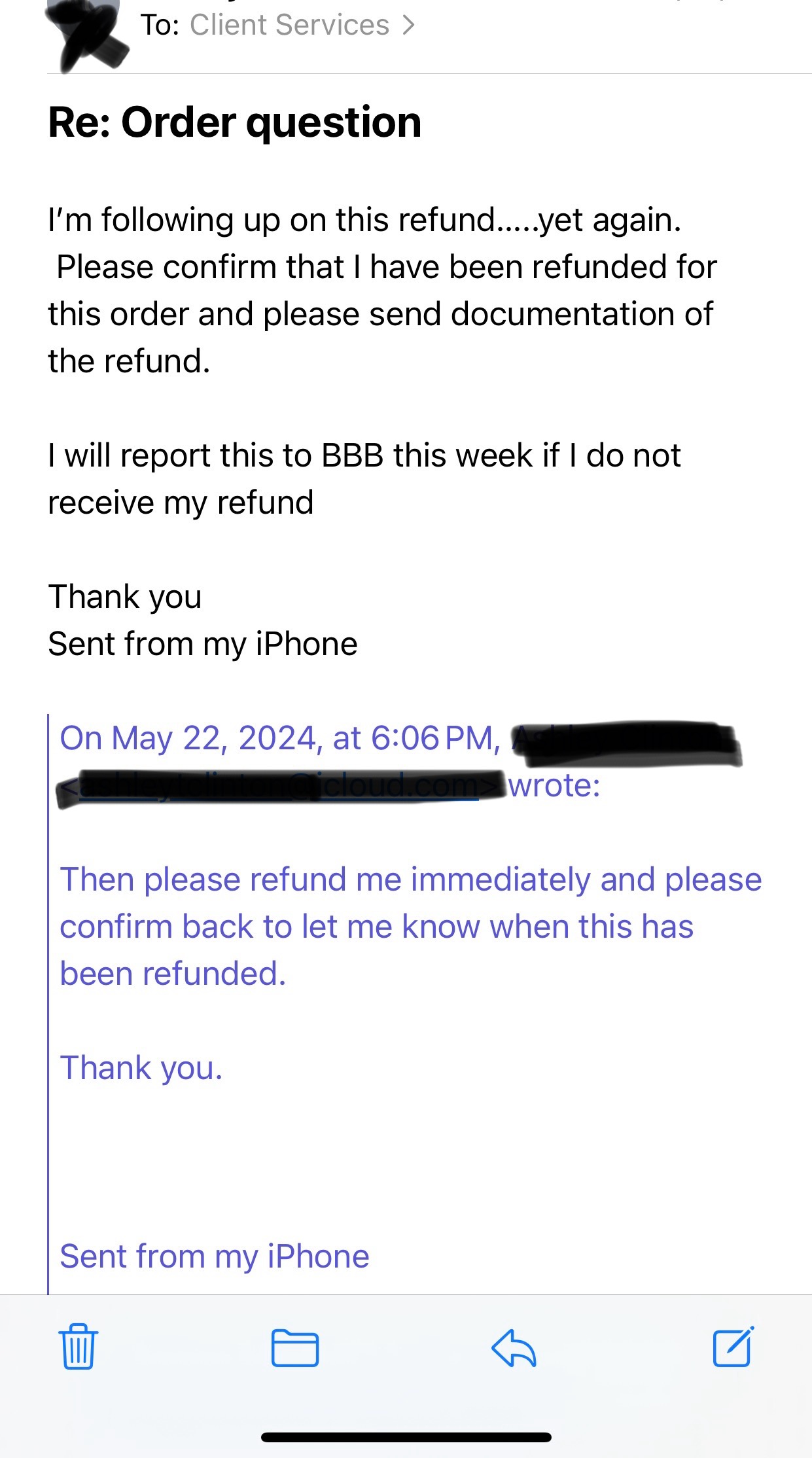 Email asking again for refund. Ignored. 