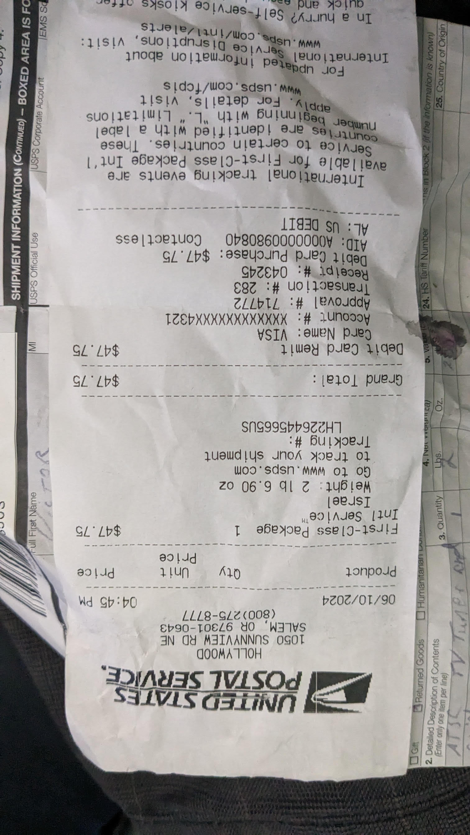 usps receipt with tracking