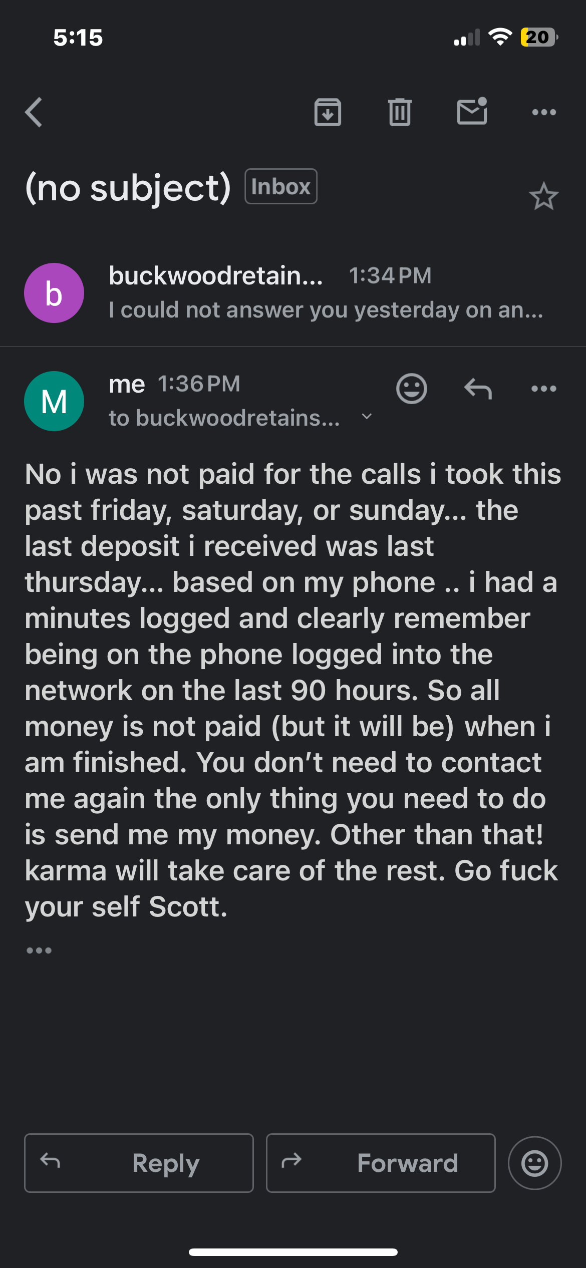 response when he said he was not going to pay 