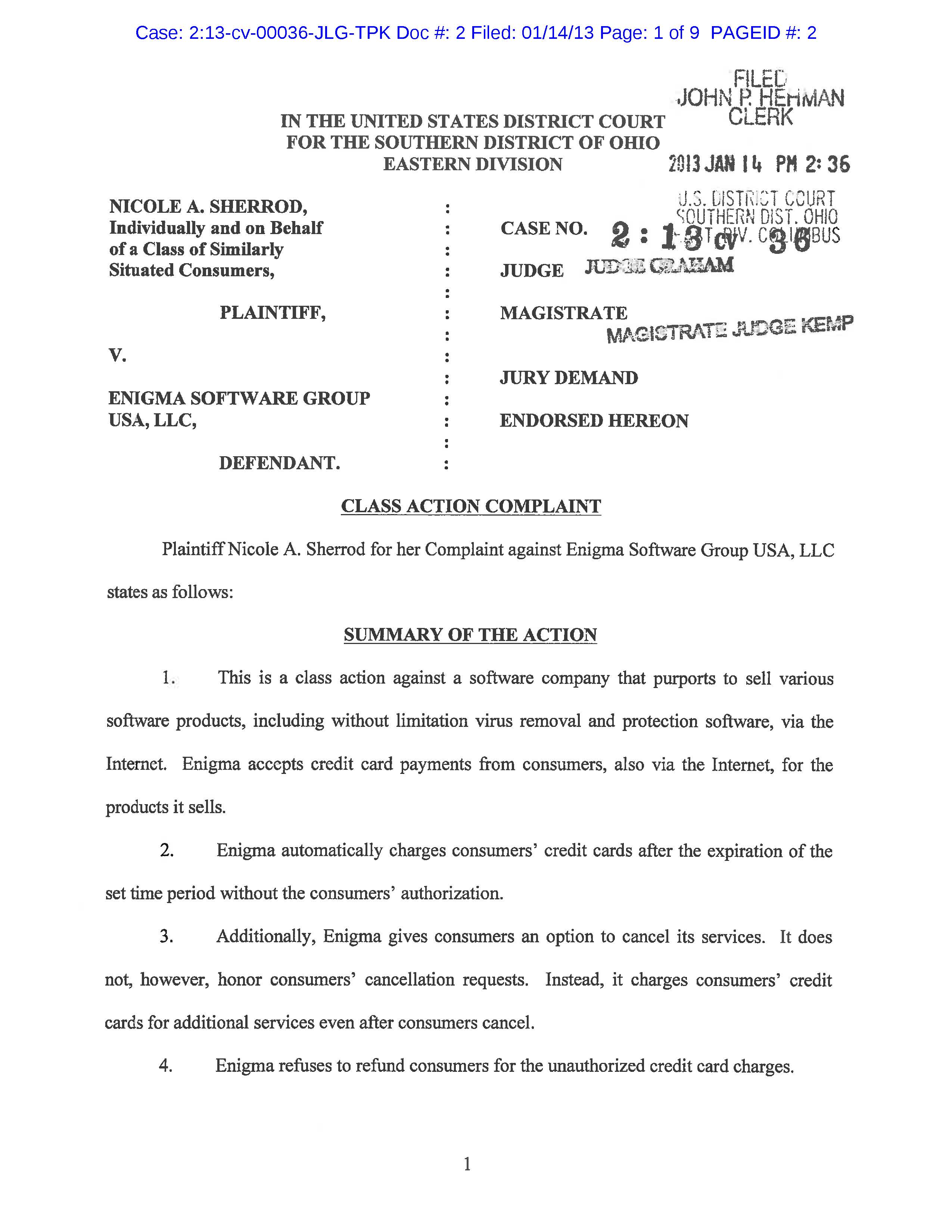 First page of Class action suit against Enigma