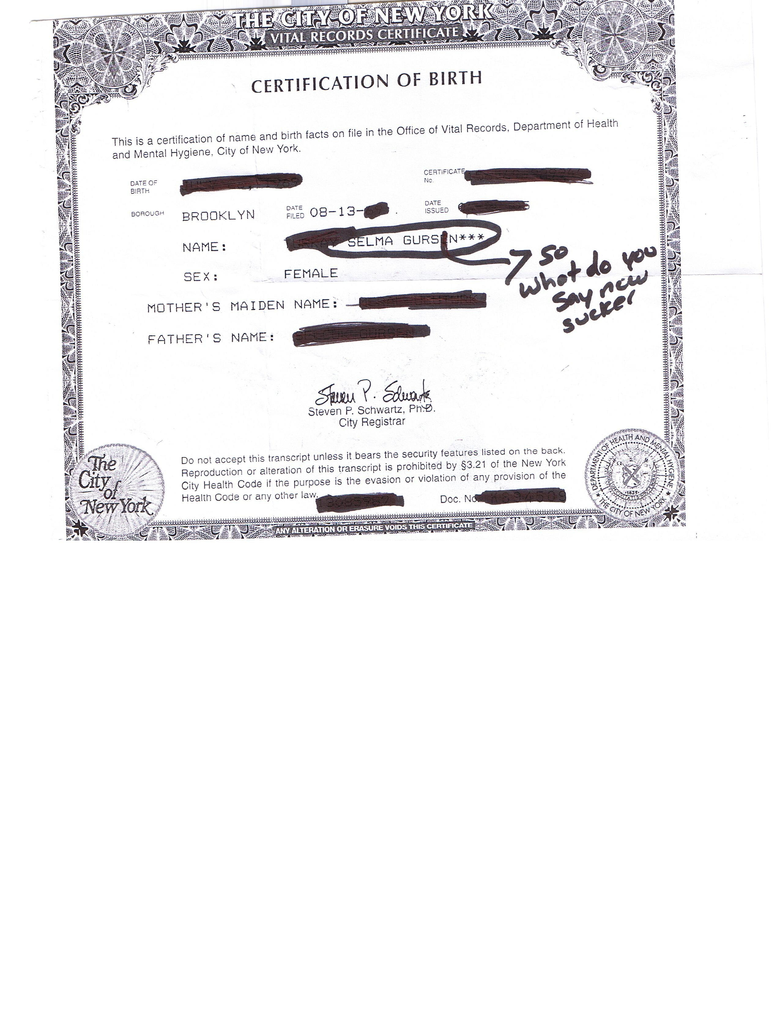 Selma's Birth Certificate