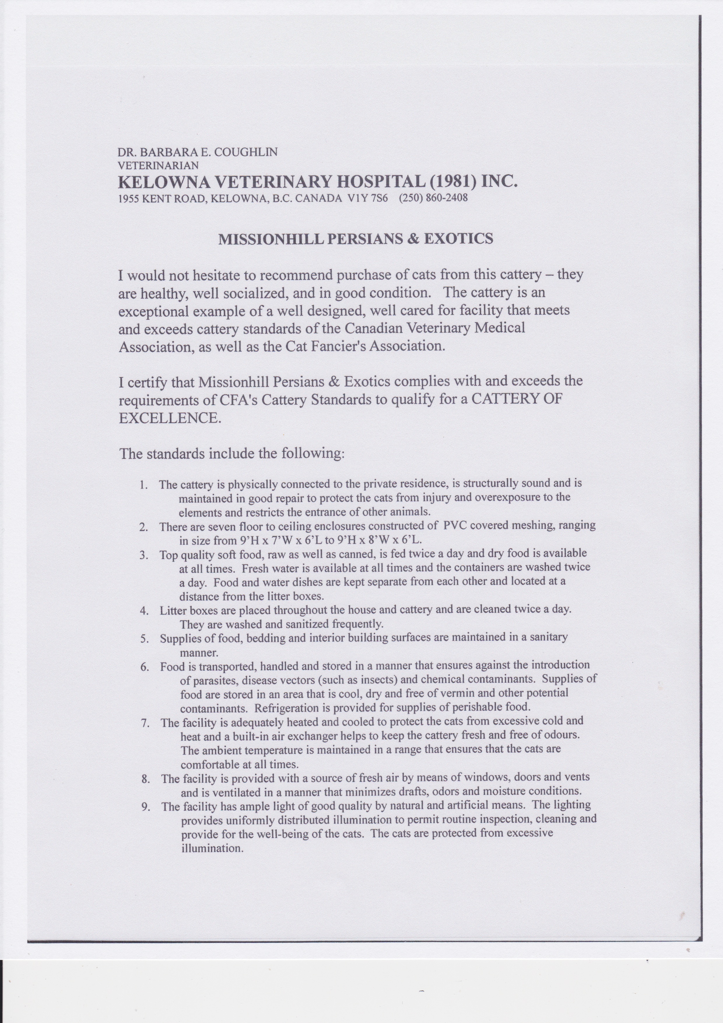 Cattery of Excellence Veterinarian Report.