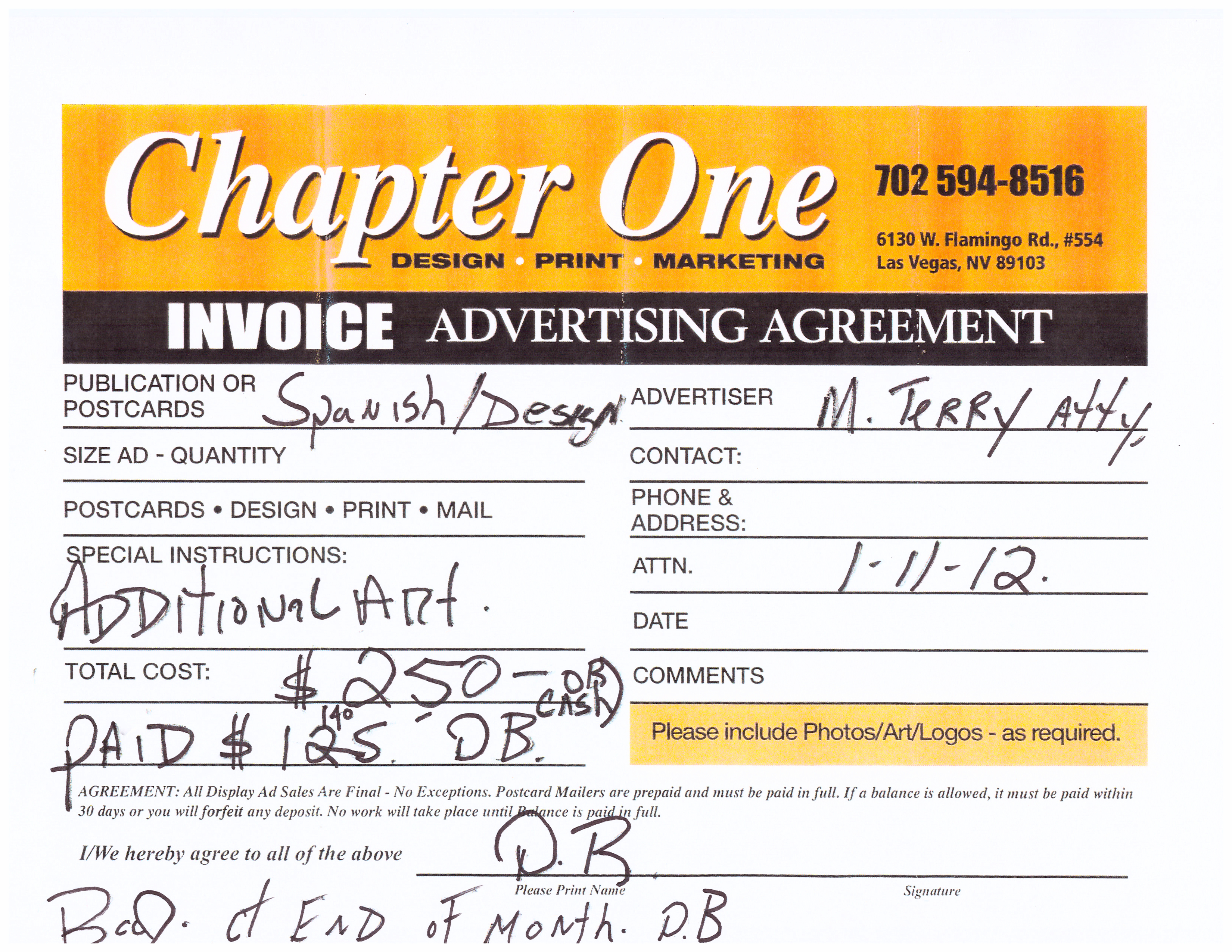 Dave Brin Invoice and Advertsing Agreement