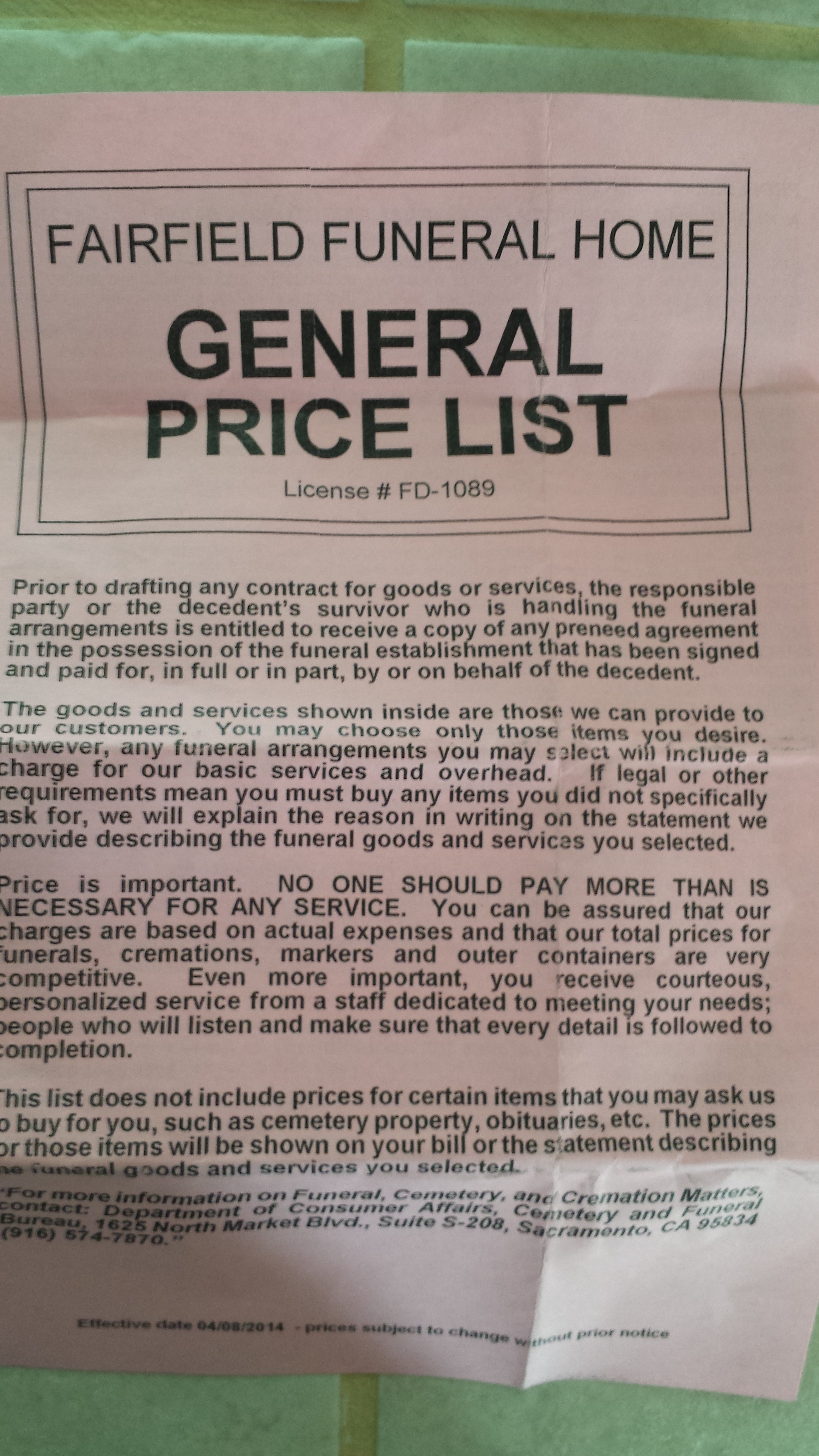 Fairfield Funeral Home- George contacts them to send funeral arrangements to the Sanders Family as a threat